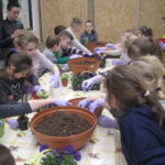 Dzieci sadzą roślinki do doniczek.